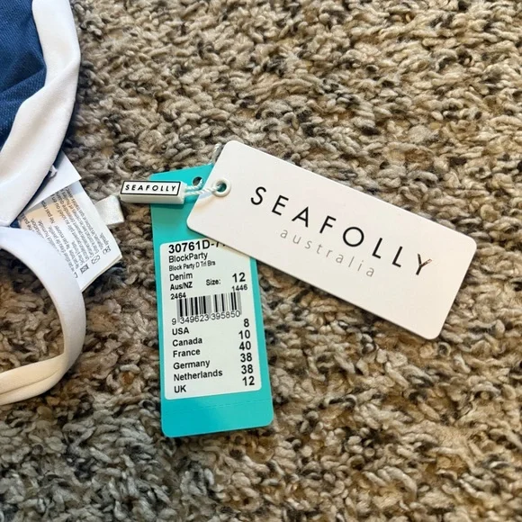 Seafolly Anthro Block Party Denim Color Triangle Bikini Swim Top D Cup Size 8 - Picture 6 of 9